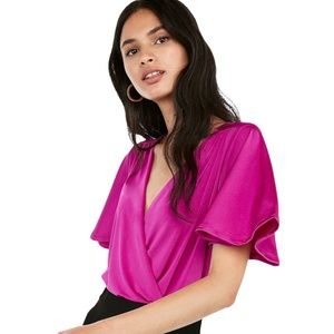 Express Fuchsia Draped Deep V-Neck Sleeve Thong Bodysuit Size XL